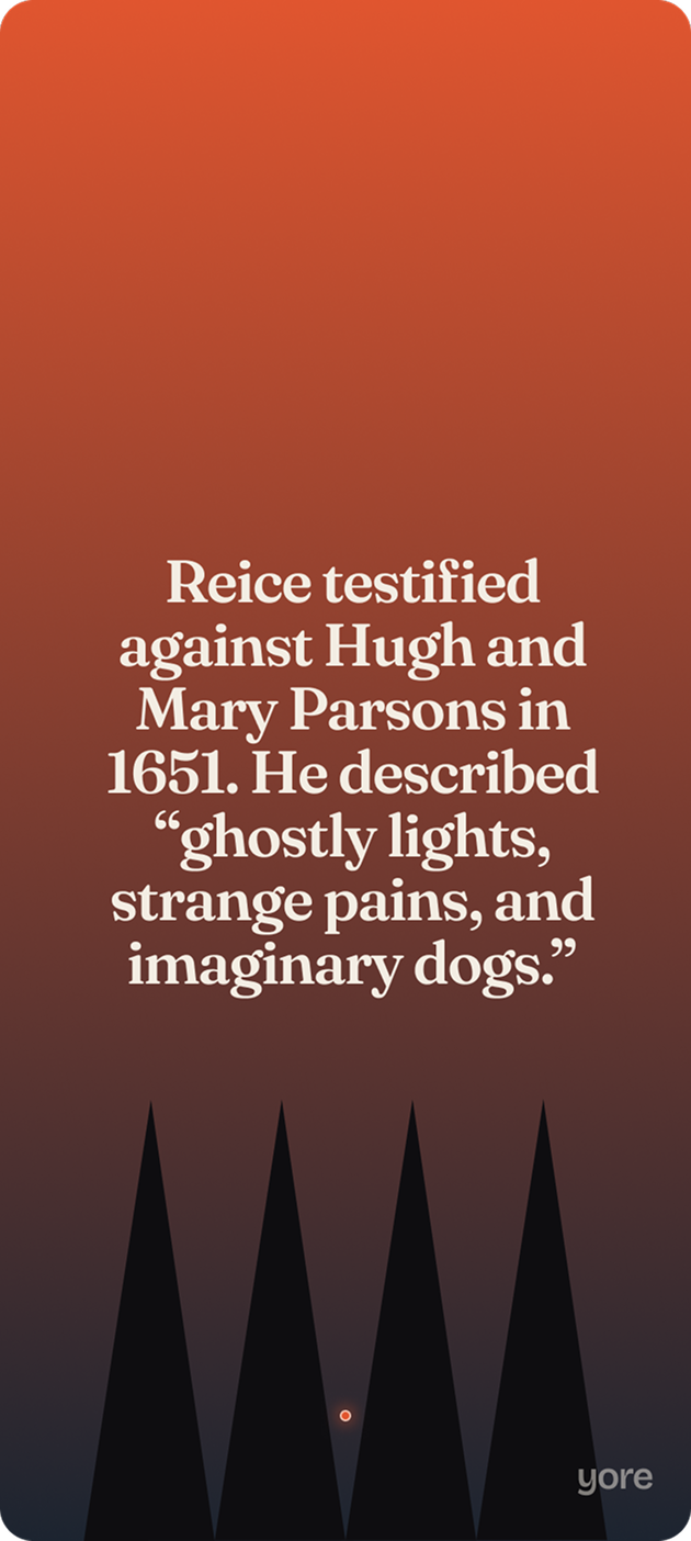 A Yore story card: Reice testified against Hugh and Mary Parsons in 1651.